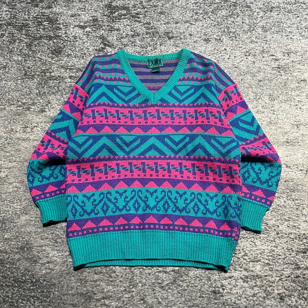 Extra‎ Sweater Mens Small Pink Teal Blue Vintage 90s Geometric Pattern Grandpa